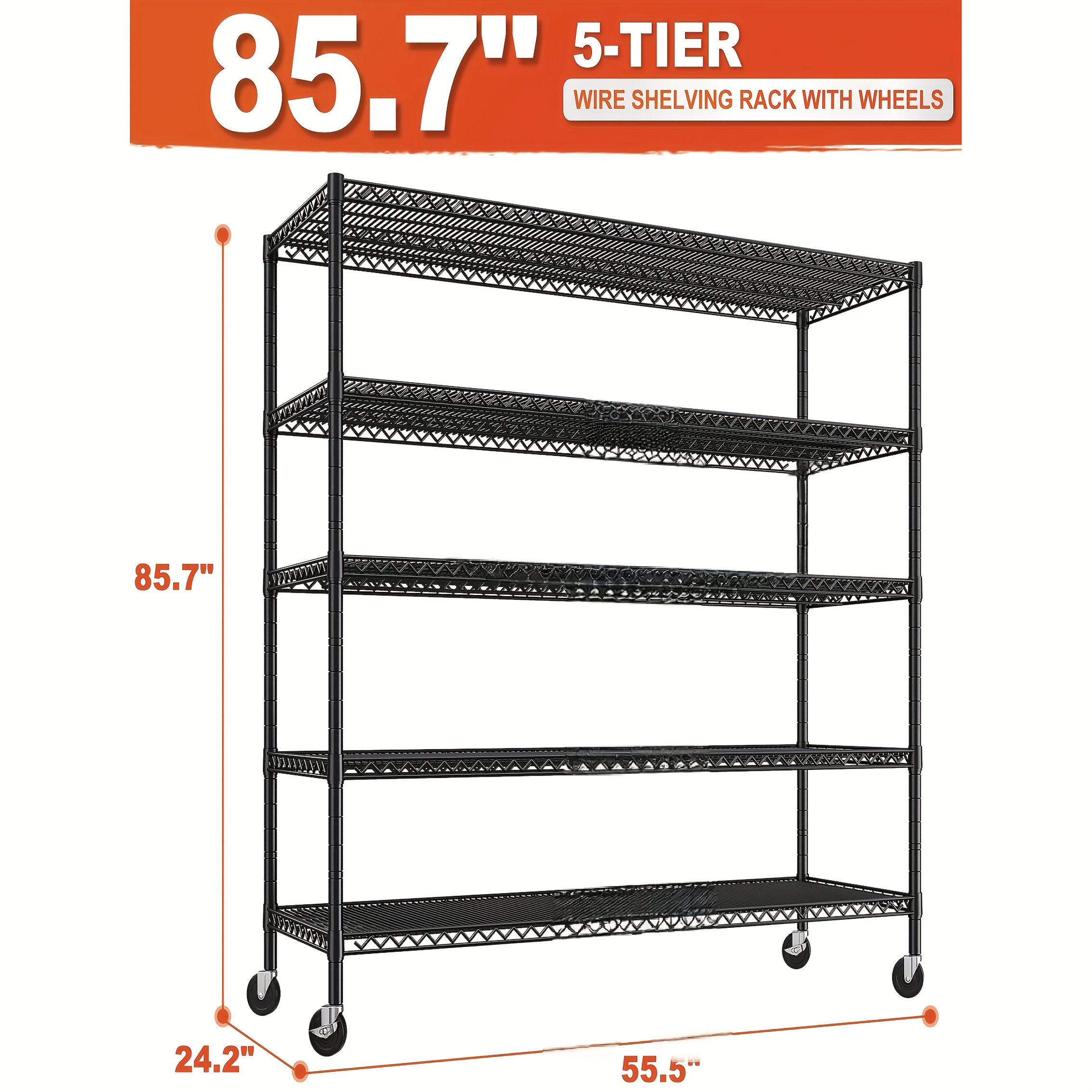 TEMU Reibii 85.7" H Storage Shelves 3000lbs 5 Tier Wire Shelving Unit With Wheels 55.5" W Heavy Duty Shelving Rack Adjustable Storage Rack Metal