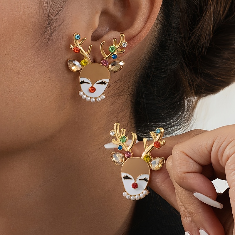 

Christmas Reindeer Stud Earrings For Women, Zinc Alloy With Glass Mosaic, Stainless Steel Post, Cute Classic , With Sparkling Accents, For & Celebrations, Gift-ready