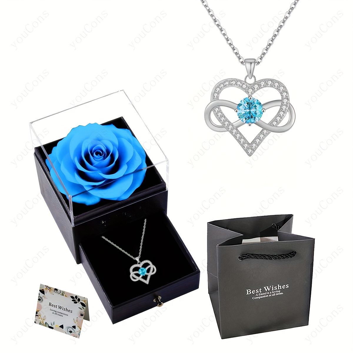 TEMU Blue Rose Gift Box Heart Stone Pendant Necklace, A Of Blue Synthetic Zirconia Jewelry For Mothers, Wives, Lovers, , And Girlfriends. Perfect For