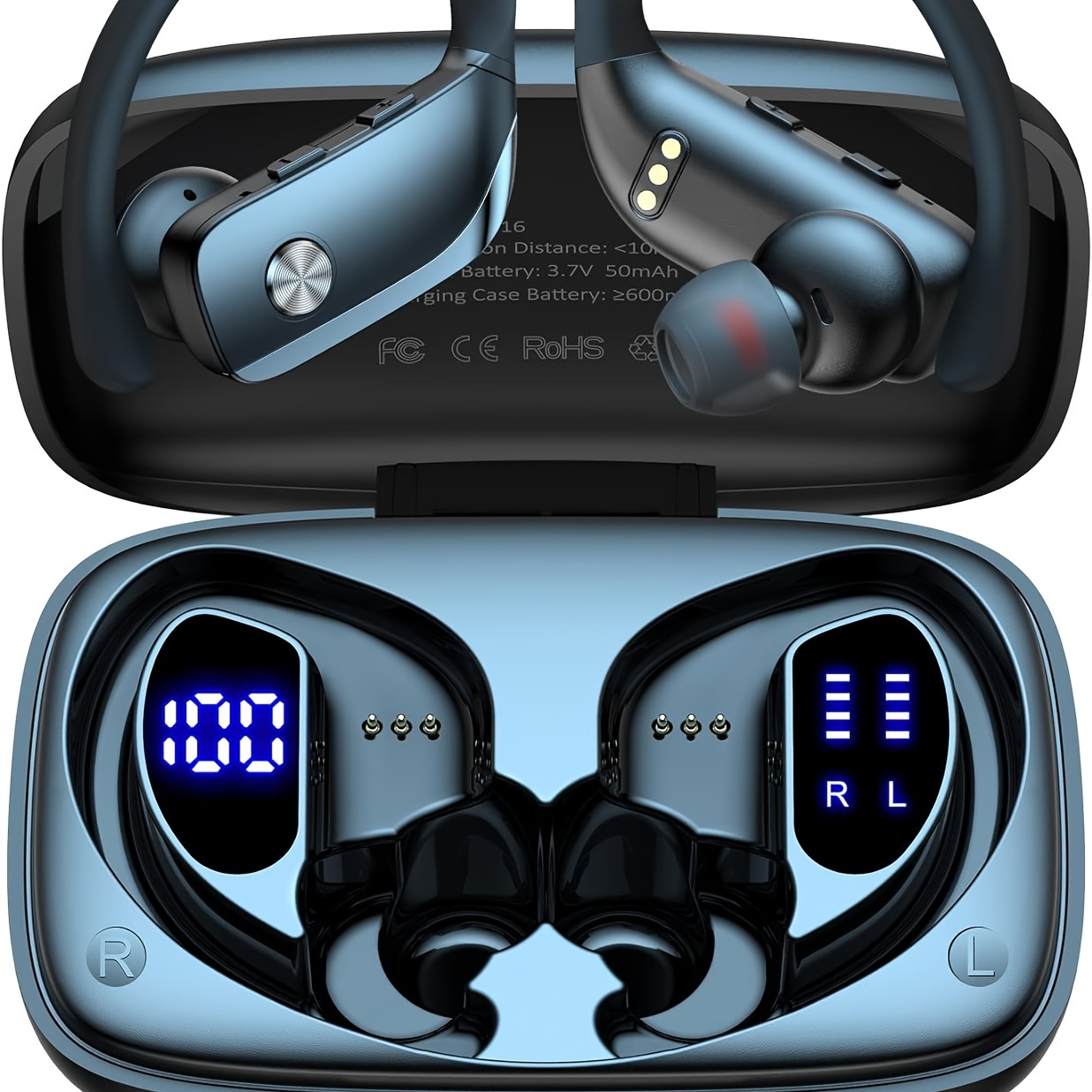 

Wireless Earbuds With Earhooks, In-ear Stereo Headphones, Of Time, Powerful Bass, With Dual Led Battery Indicator And Microphone