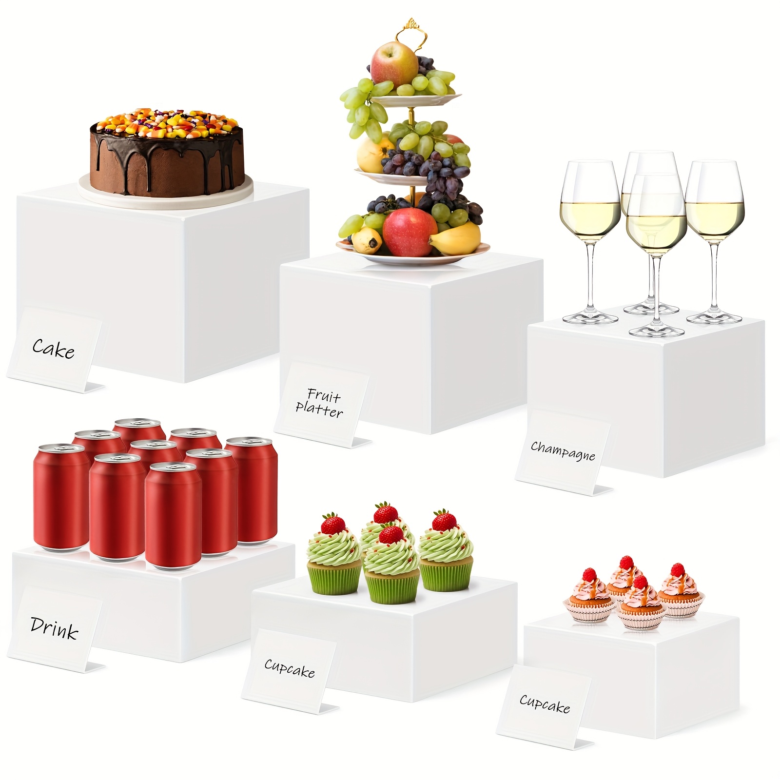6pcs Acrylic White Buffet Stands For Buffet Display And Holder, Dessert Table Display Set, Collectible Jewelry Display Stand, Party Food Display Rack, Large Acrylic Cube Boxes (5~8 Inches)