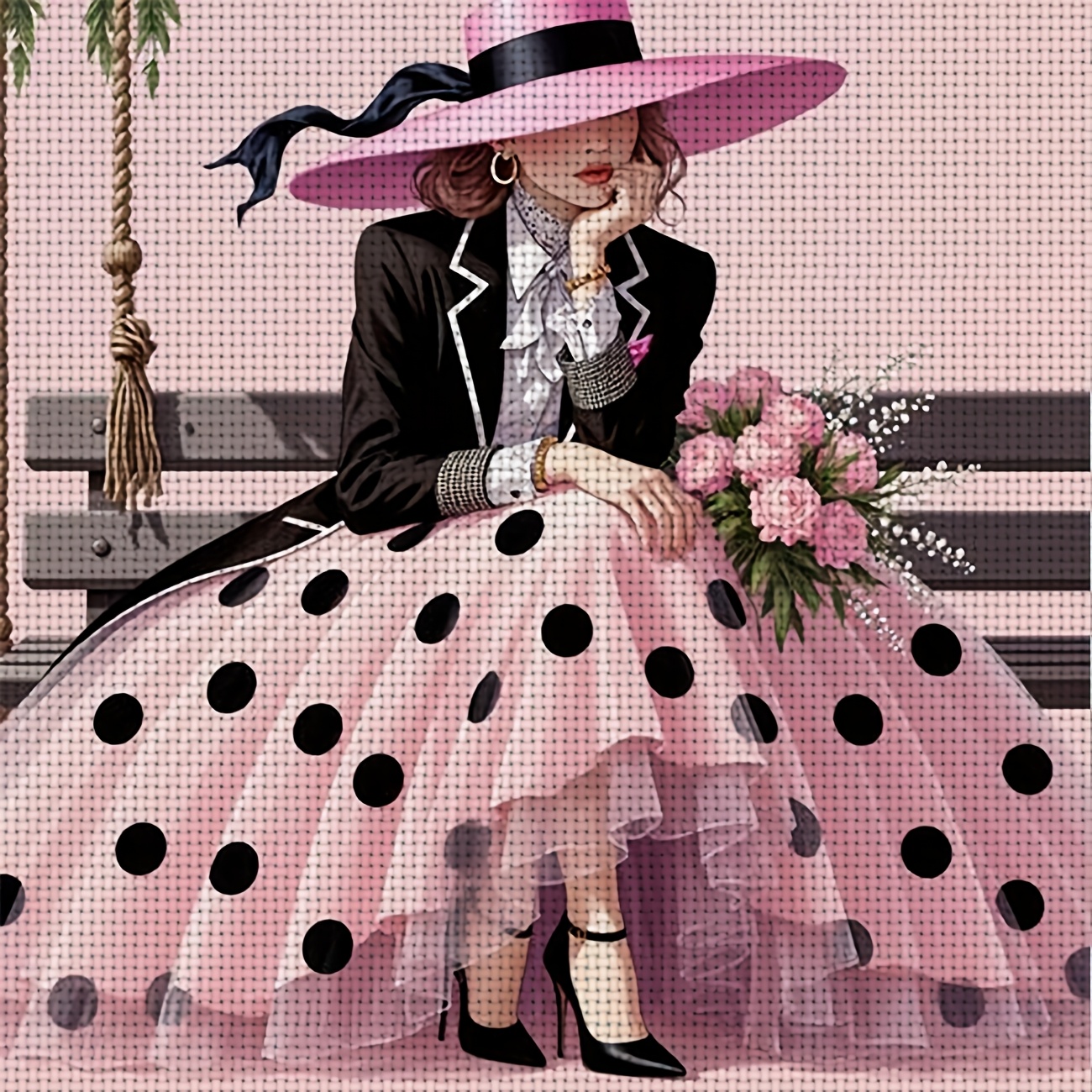 TEMU 1 kit de punto estampado sin , de "Mujer con sombrero sentada en ", ideal para manualidades de ocio para principiantes, de una completa desde