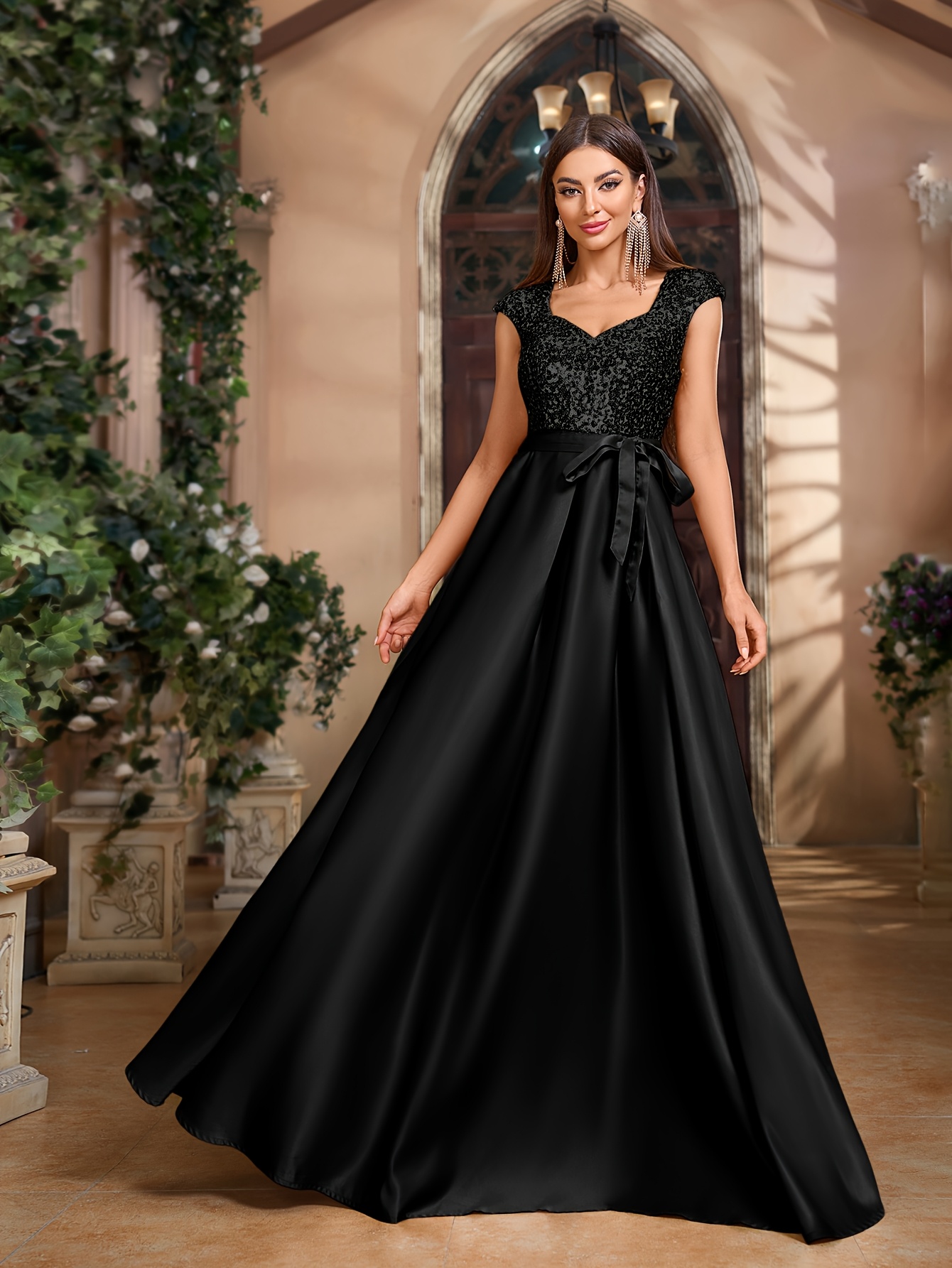 Vestido de elegante con cinturón de Manga corta, vestido largo para  mujeres para fiestas formales