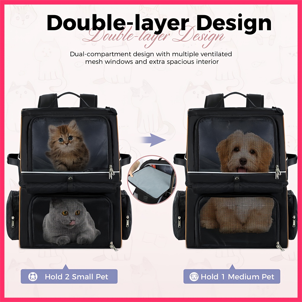 dual compartment   backpack for cats small dogs   to 24 lbs quilted black with mesh ventilation   secure zipper closure comfortable   use cat backpack carrier secure zipper closure Product details 3