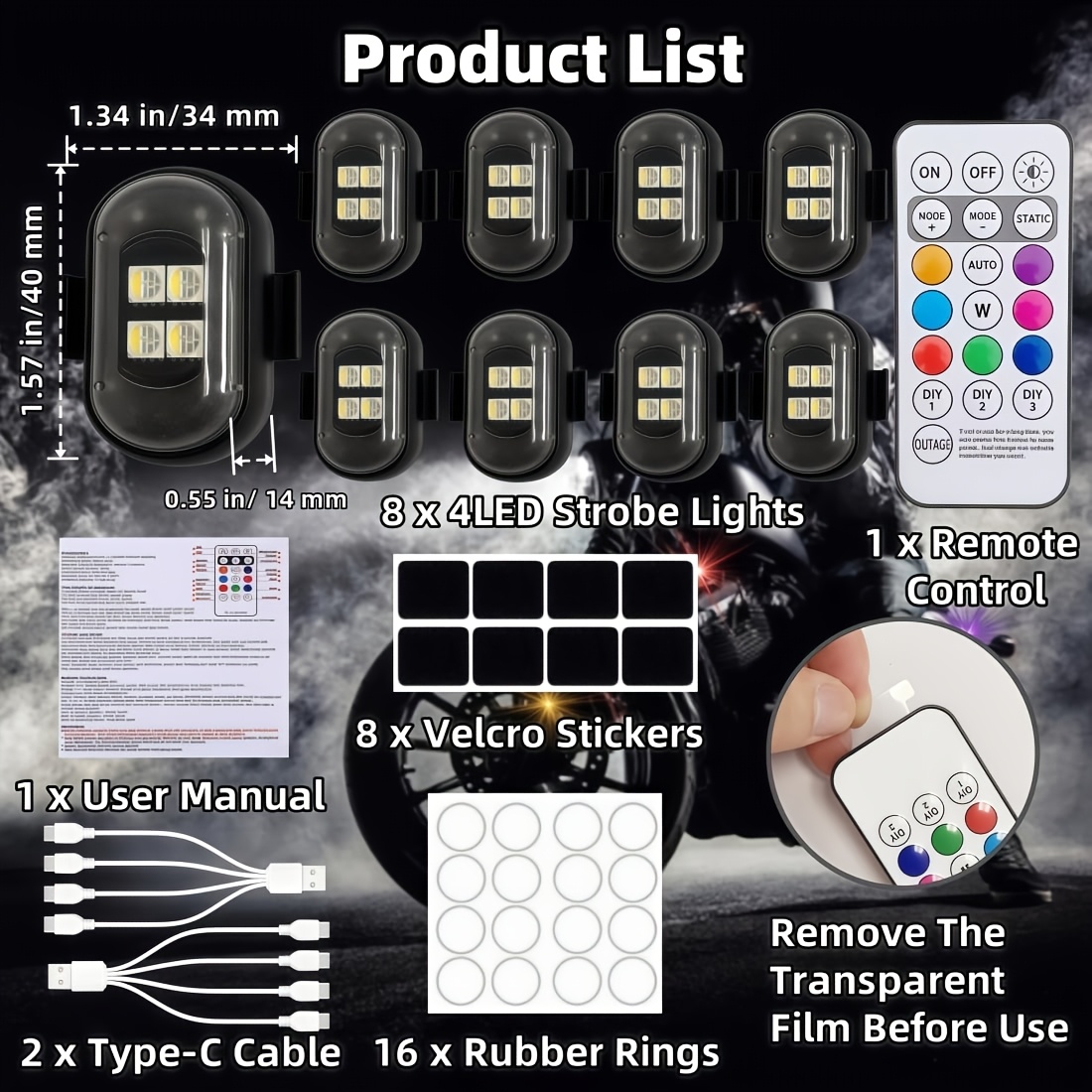 TEMU Upgraded Car Led Light, Non-wireless, Rechargeable Interior Light, 8 Colors , Adjustable Brightness, 12-hour , With Remote Control, Suitable For