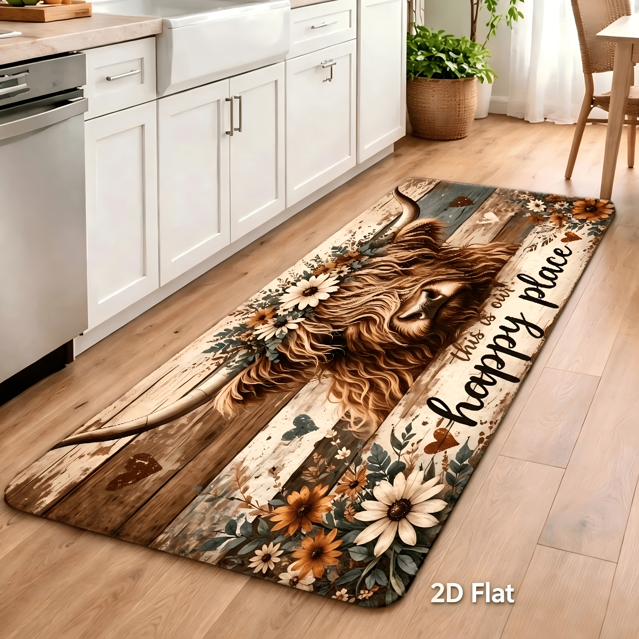 TEMU 1pc 2d Flat Printing Retro Floral Highland Cow This Is Our Happy Floor Mat Durable Machine Washable Entrance Mat Living Room Bedroom Kitchen