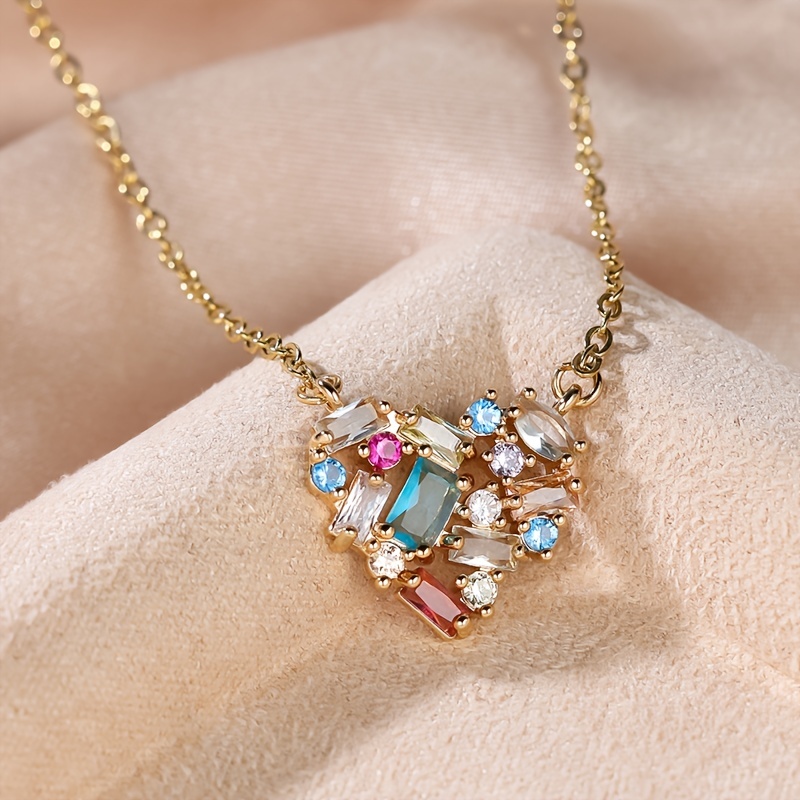Heart Pendant Necklace with Multicolor Zirconia Stones