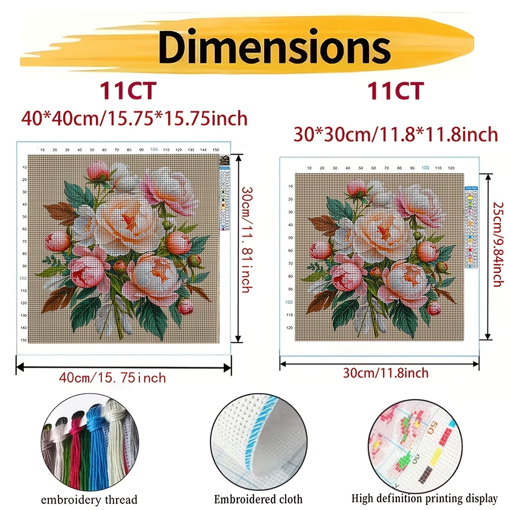 DIY Cross-Stitch Printed Kit, Peony Floral Bouquet Pattern