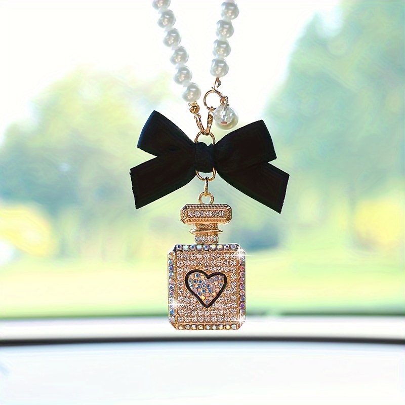 

Fashion Bowknot Rhinestone Perfume Bottle Hanging Ornament With Pearl Chain, Dazzling Metal Interior Decorative Pendant