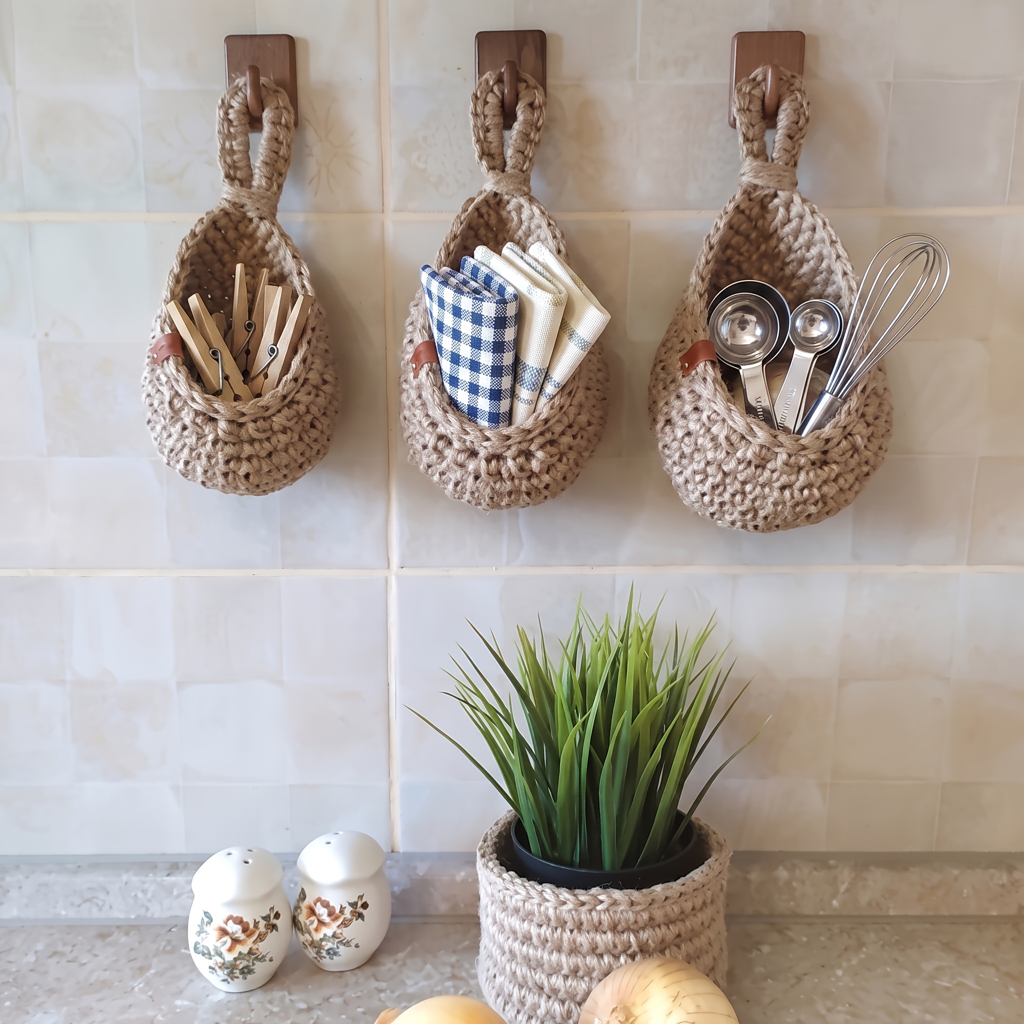 3pcs Bohemian-style Rope Handwoven Wall-mounted Basket Set, Multi-functional Hanging Storage Basket Made of, Suitable for Storing Sundries, Kitchen, Home, and Dining Room Decorations, Shelf Basket, Perfect Gift for All Four Seasons., Shelf Baskets