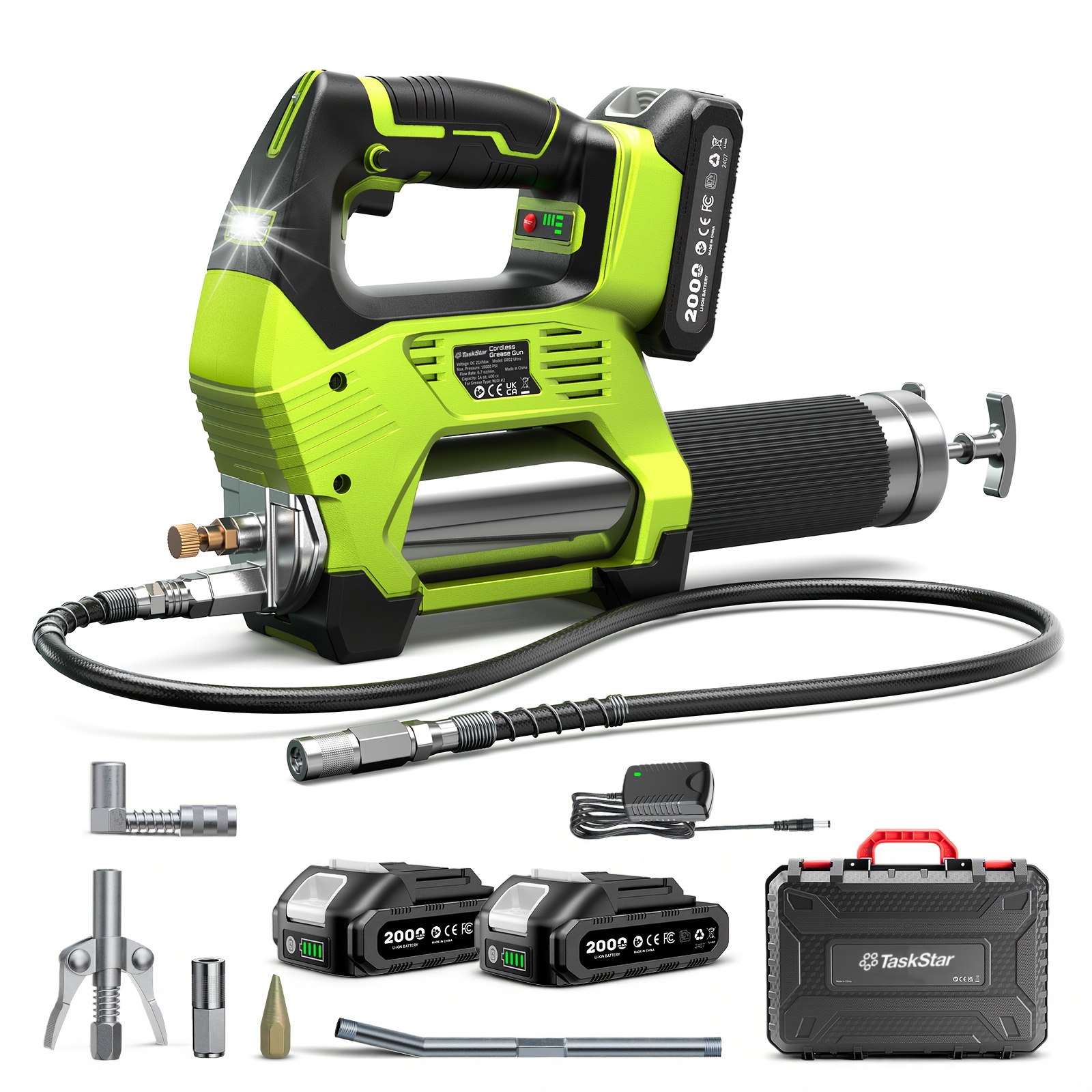 TEMU Taskstar Pistolet à Graisse Électrique 12000 PSI : Fil, 3 Vitesses avec 2 Batteries 2x2.0Ah, Moteur Balais et Éclairage LED - Prêt pour
