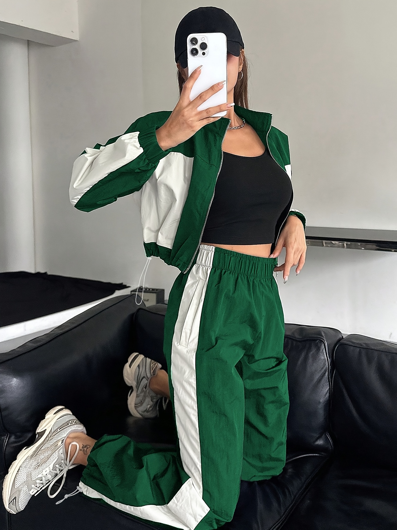 new womens y2k style high waist color block casual spring autumn suit