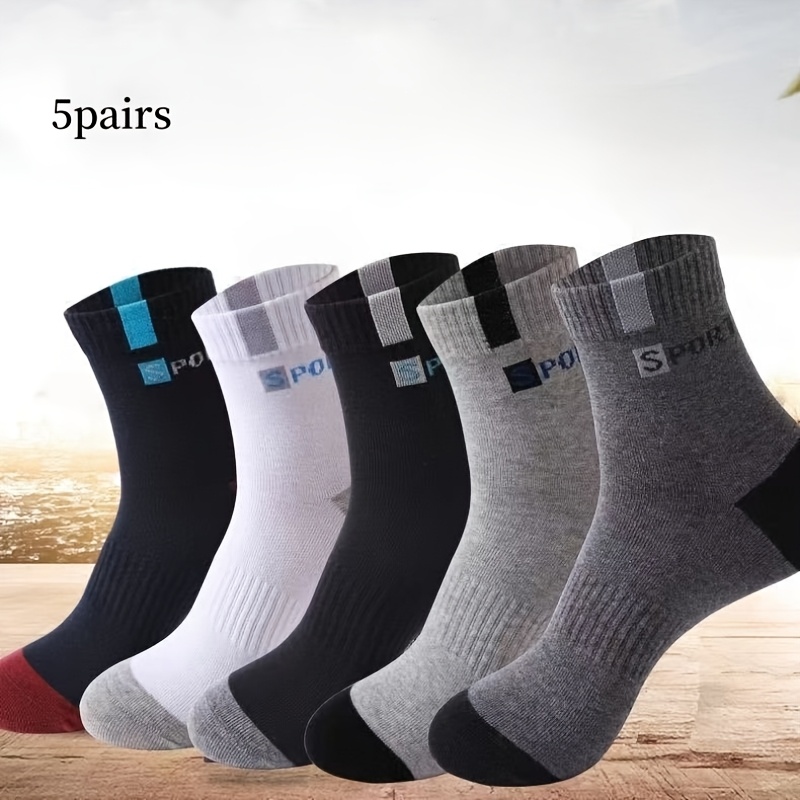 Image of Random Color5pairs Men's And Women's Breathable Socks, Stylish Letter-printed High-stretch Outdoor Running Socks, Soft, Outdoor Sports.