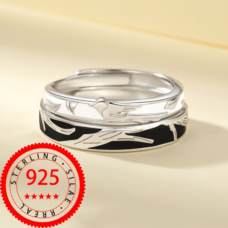 Image of 1 Pair Of S925 925 Silvery Plated Exquisite Light Luxury Eucalyptus And Bird Black And White Glue Design Men's And Adjustable Ring High-quality Jewelry Daily Party Wear About 8.8 Grams
