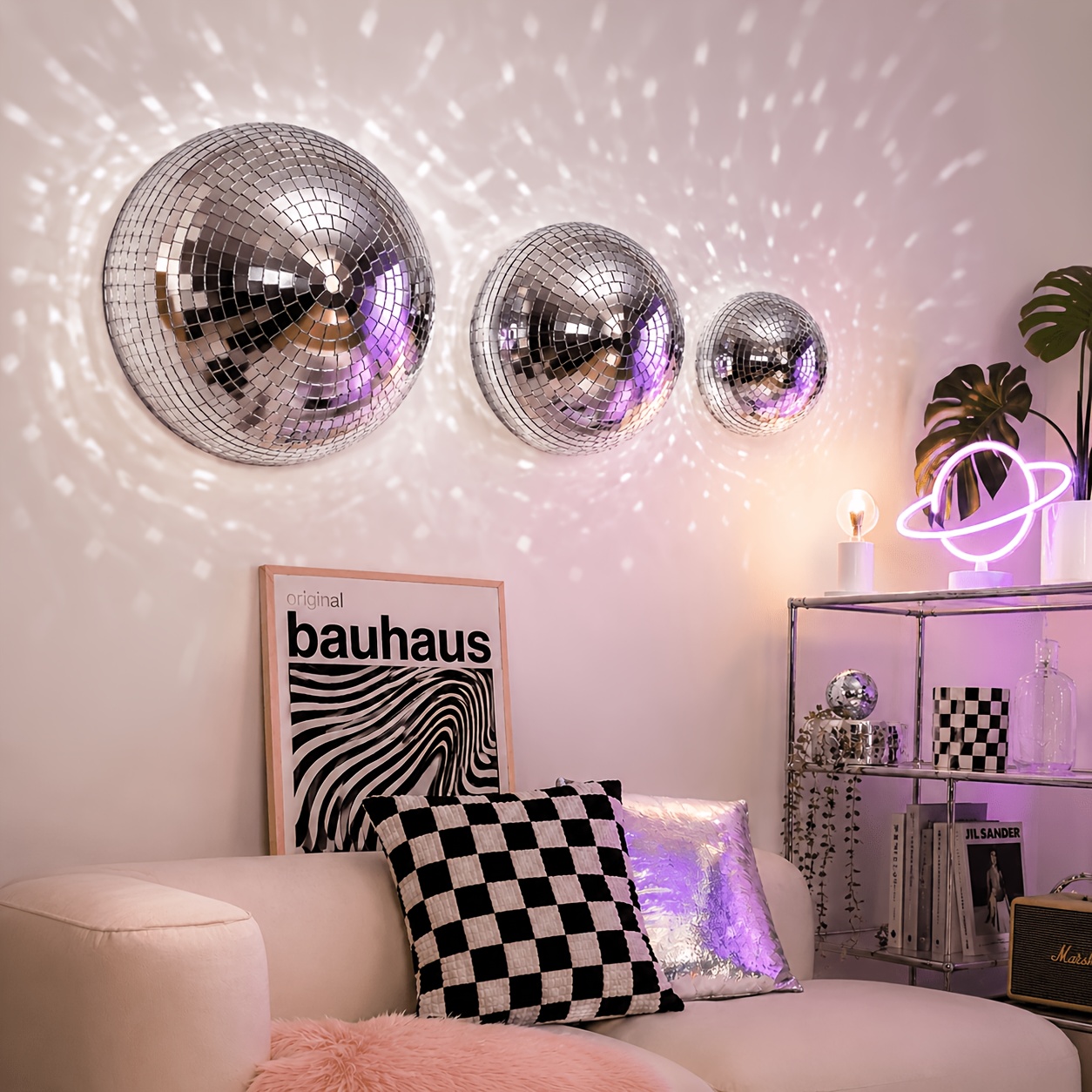 Image of 3pcs Disco Ball Half Sphere Wall Decor Set (12cm/15cm/20cm), Mosaic Wall Mounted Wall Art, Retro 70s Disco Party Decor For Bedroom Living Club Wedding