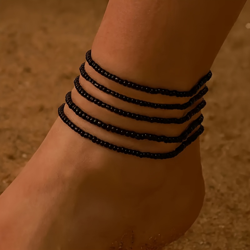 Women's 5pcs Black Beaded Elastic Anklet Set, Bohemian Style