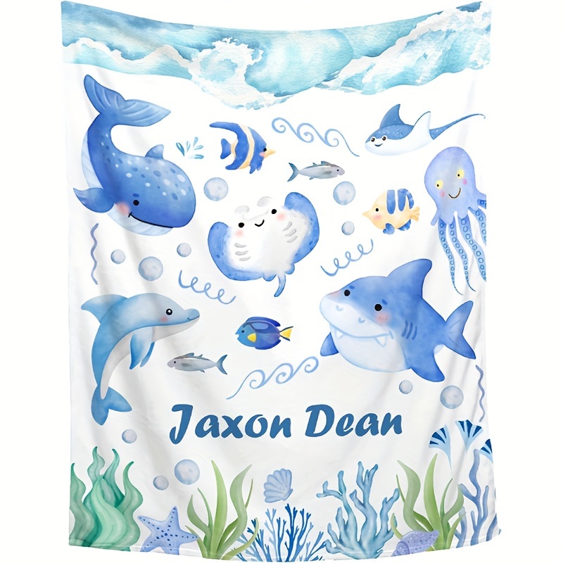 

Custom Ocean Life Print Flannel Throw Blanket - Personalized Name, Perfect For Birthdays & Holidays, Versatile For Couch, Office, Or Outdoor Use, All-season, Hypoallergenic