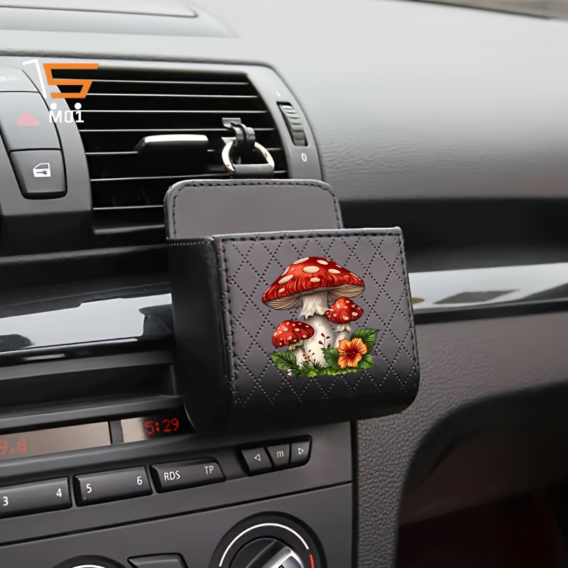 TEMU 1pc Red Spotted Mushroom Floral Pattern Print Car Vent Hanging Storage Box Car Organizer Multifunctional Phone Holder Faux Leather Car Phone