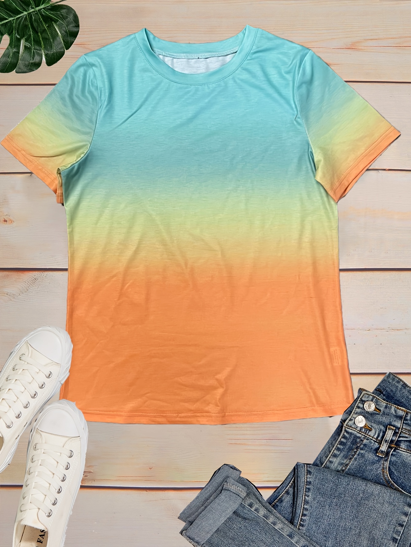 Gradient Crew Neck T-shirt, Short Sleeve Casual Top For Spring & Summer, Women's Clothing