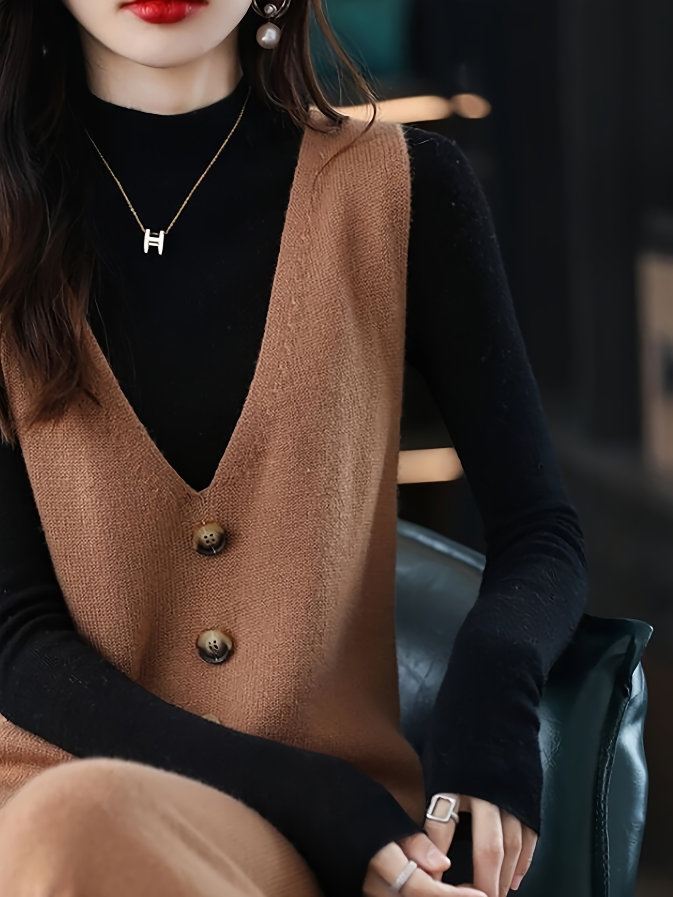 women's elegant sleeveless v-neck sweater dress -line -length