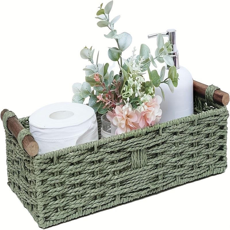 Circular Woven Storage Basket Made of Paper Rope, Ideal for Organizing Items with a Handle. These Decorative Bins Are Perfect for Countertops And Can Be Used As a Toilet Paper Holder on Top of The Toilet Tank. Available in a Small Size And Green Col