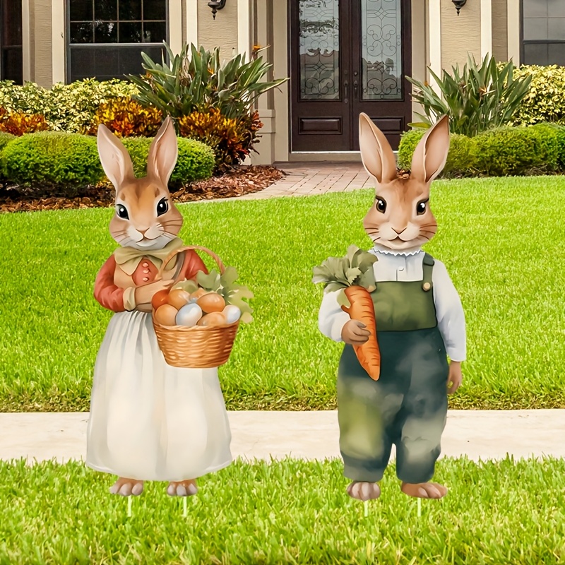 

2pcs Classic Easter Bunny & Egg Yard Stakes - Large, Rabbit In Overalls & Dress Designs, Plastic Outdoor Lawn Decorations, No Electricity Needed, Rabbit Accessories