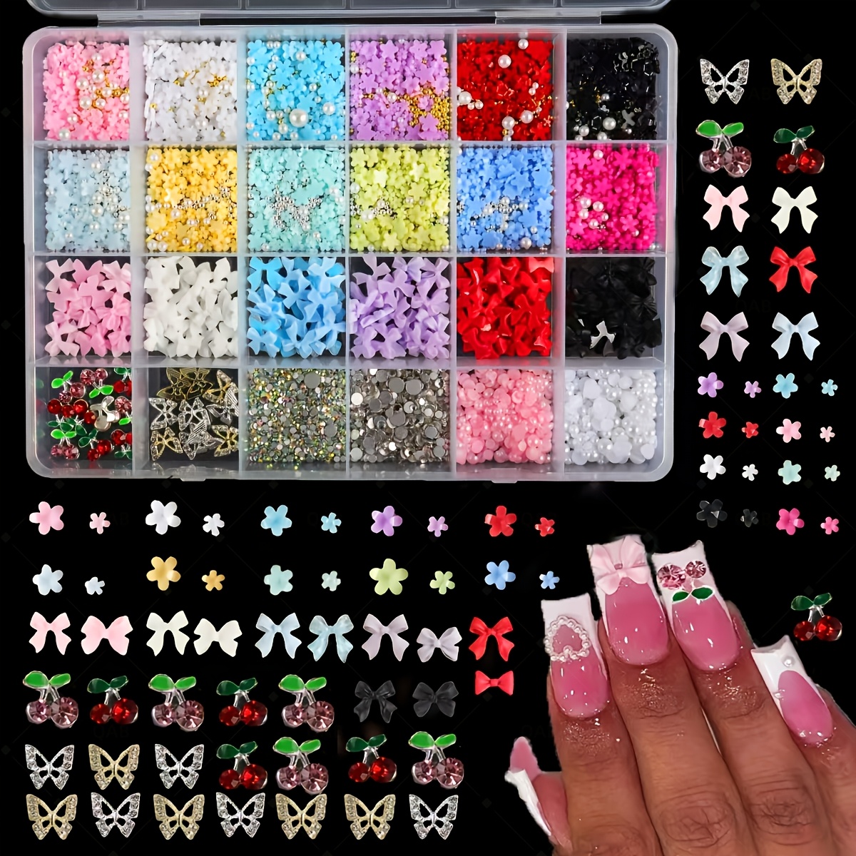 TEMU 24 Grids Acrylic Flower Nail Charms - Y2k Floral Nail Art Decor With Alloy Butterflies & Rhinestones, Flat .mixed Size Colorful Flower Beads Diy Cute Floral Nail Charms