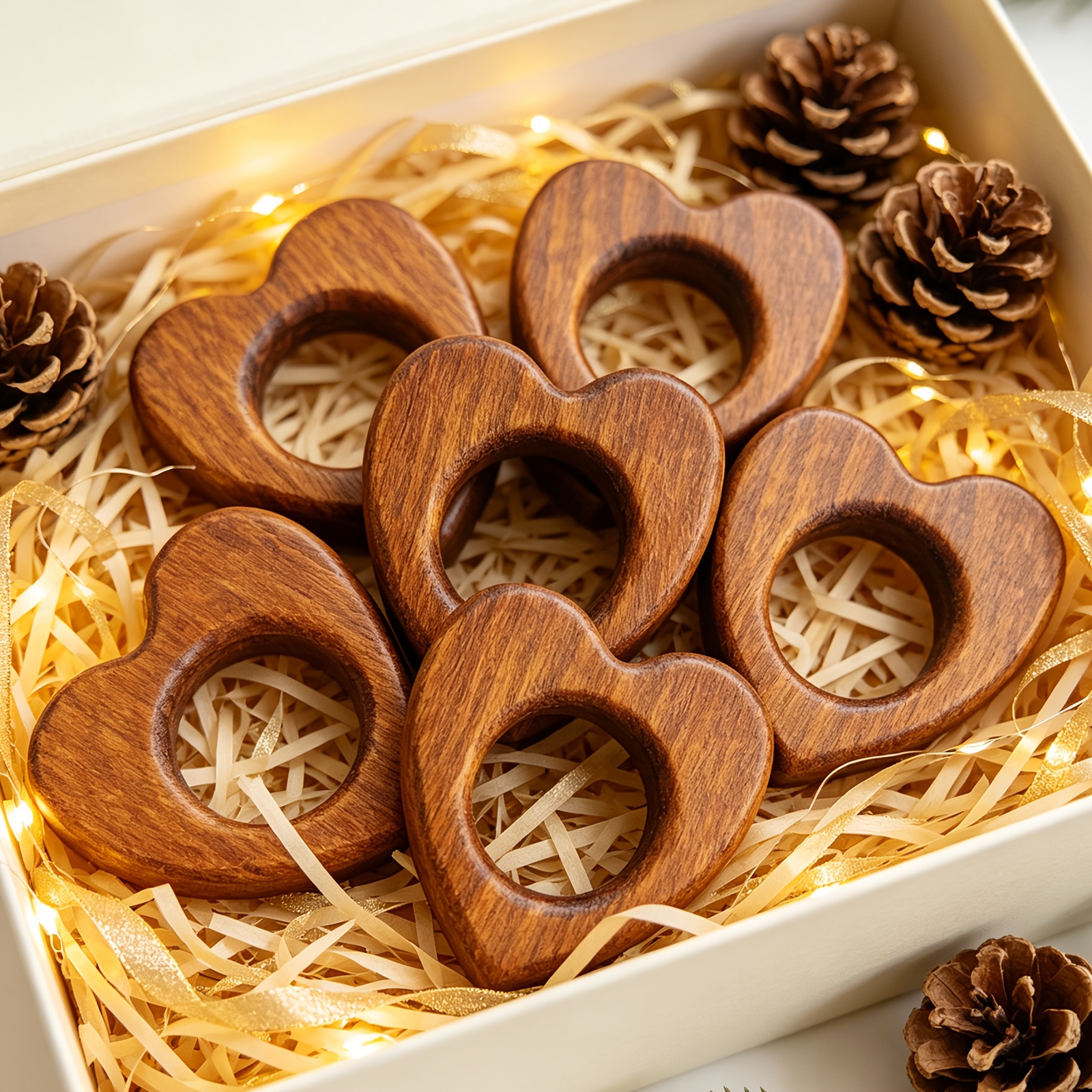 TEMU 6pcs, Solid Wood Heart-shaped Decorative Ornaments, Retro Solid Wood Heart-shaped Napkin Rings 6pcs Set, Country Style Wooden Napkin Clips,