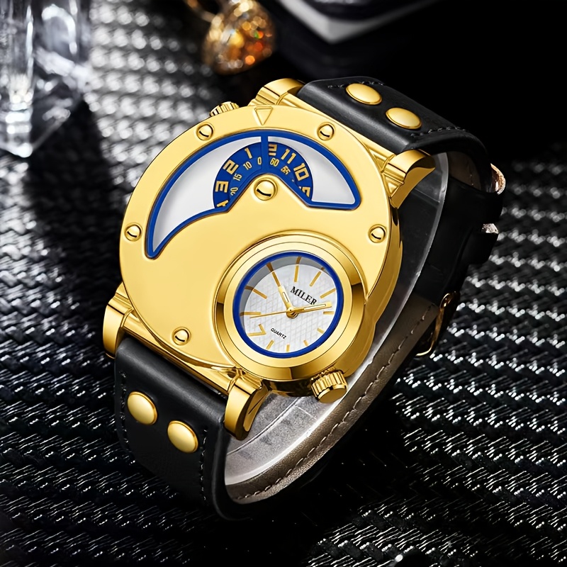 Elegant Men's Quartz Watch with Dual Time Display - Golden-Tone, Faux Leather Strap, Business Style