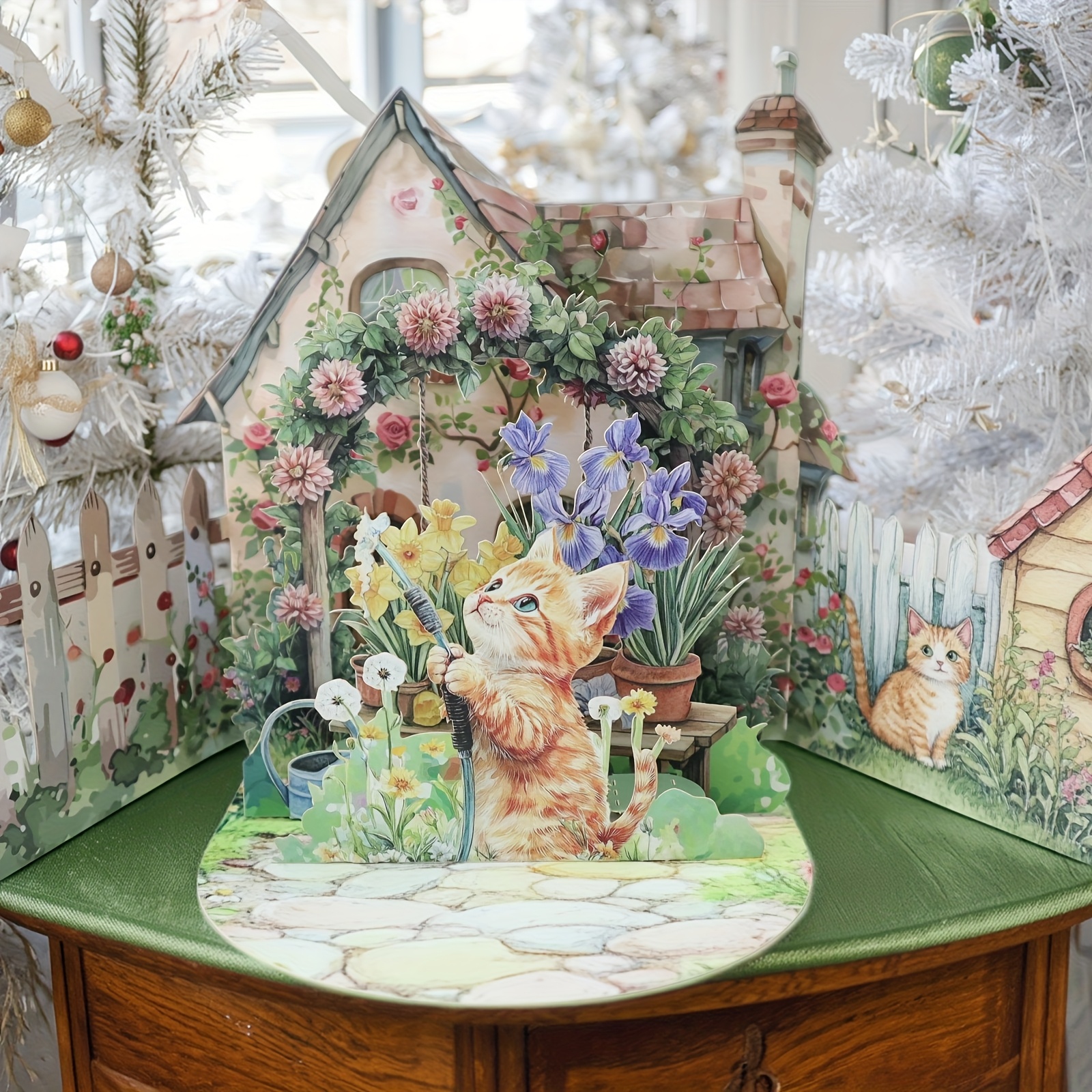 TEMU 【誕生日グリーティング】猫と庭のカード - 「可愛い子猫が花を水やり」テーマ、封筒付き - ホリデーのお祝いに最適