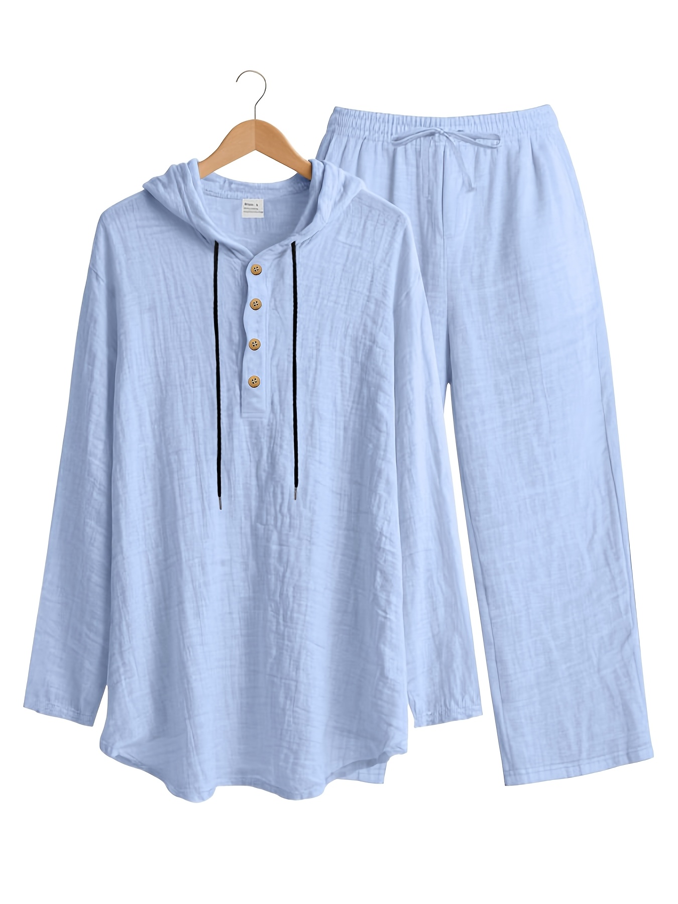 herren minimalistisches freizeit-set mit kapuze aus baumwoll-baumwoll-leinen-mischung: atmungsaktiver langarm-hoodie +  , fließende hose, sommerlicher entspannter stil 2-teiliges set