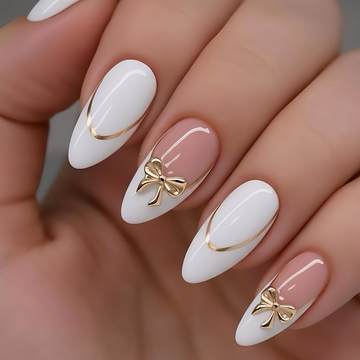 Image of 24pcs Almond-shaped Nail Stickers Sweet French Border Glossy Full Coverage Press-on Fake Nails Suitable For Women', Holiday Gift, Party Nail Art Decoration