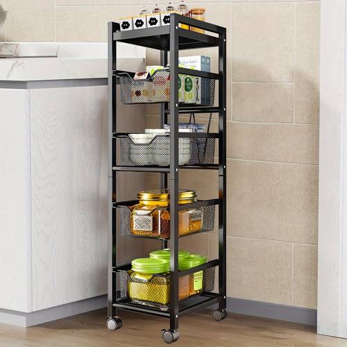 storage cart 3 5 tier narrow kitchen rolling cart on wheels for small space mobile spice rack seasoning organizer utility serving cart for kitchen bathroom laundry black utility racks