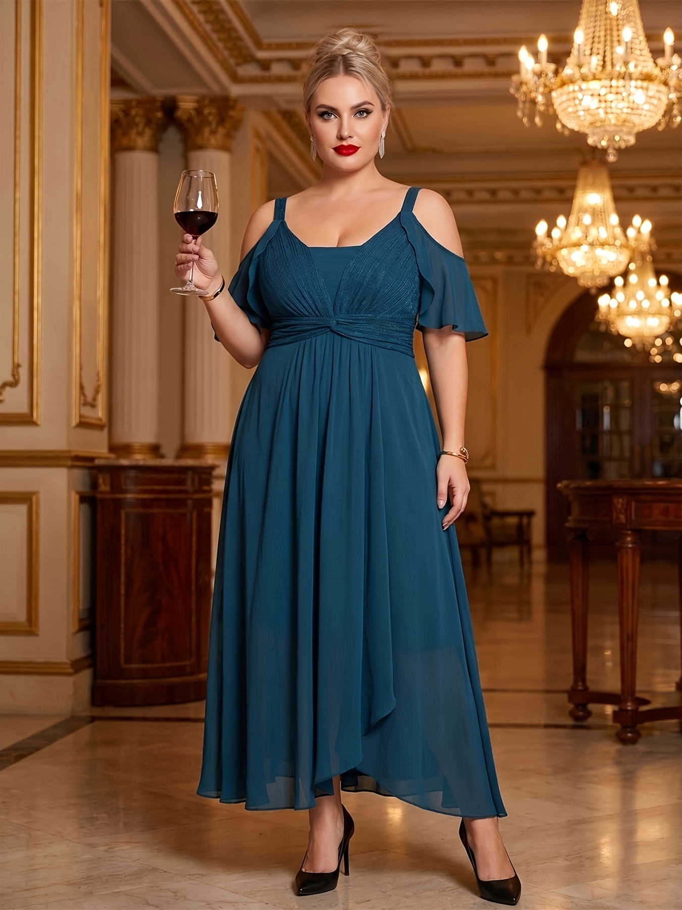 mature woman formal dress Ladivine CD799 Size 10 Smoky Blue Tulle A Line Shimmer Dress Formal Off the Shoulder Ballgown Lace Bodice