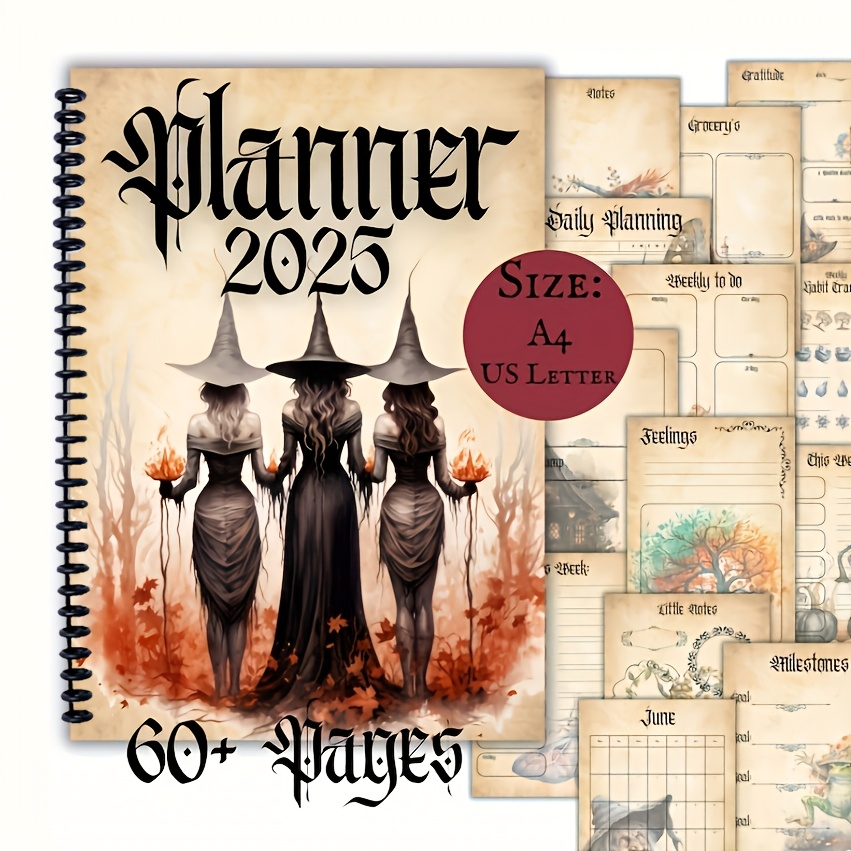 

1pc Witchcraft Planner 2025, A4 Size, 60+ Pages, Pagan Calendar With Grimoire Pages, Adult English Language, Spiral Bound Journal, For Halloween