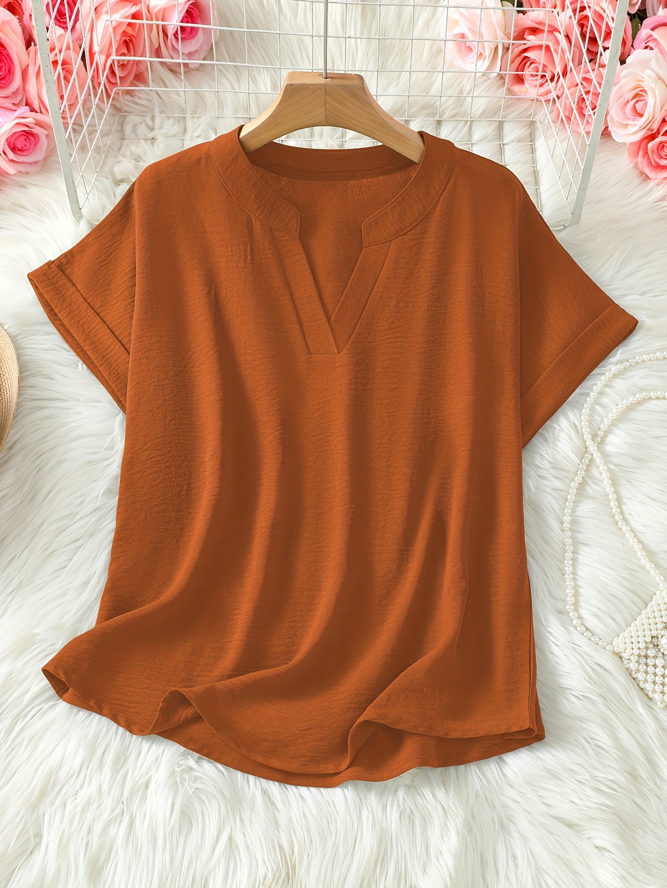 womens v neck drop shoulder sleeve solid color loose short sleeve shirt details 12