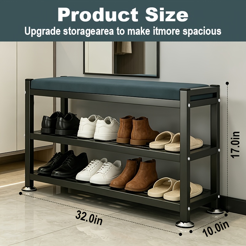 TEMU Shoe-changing Bench With Storage And Soft Cushion, Cushioned Entryway Bench, Comes With Double-layer Shoe Rack, Metal Shoe Storage Bench,