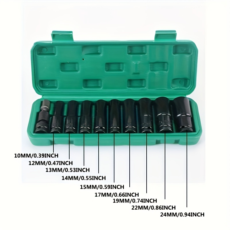 TEMU 10pcs Carbon Steel Impact Socket Set, 1/2" Drive, 6-point, Durable Green Storage Case - Professional Hand Tool Kit For Impact Drivers