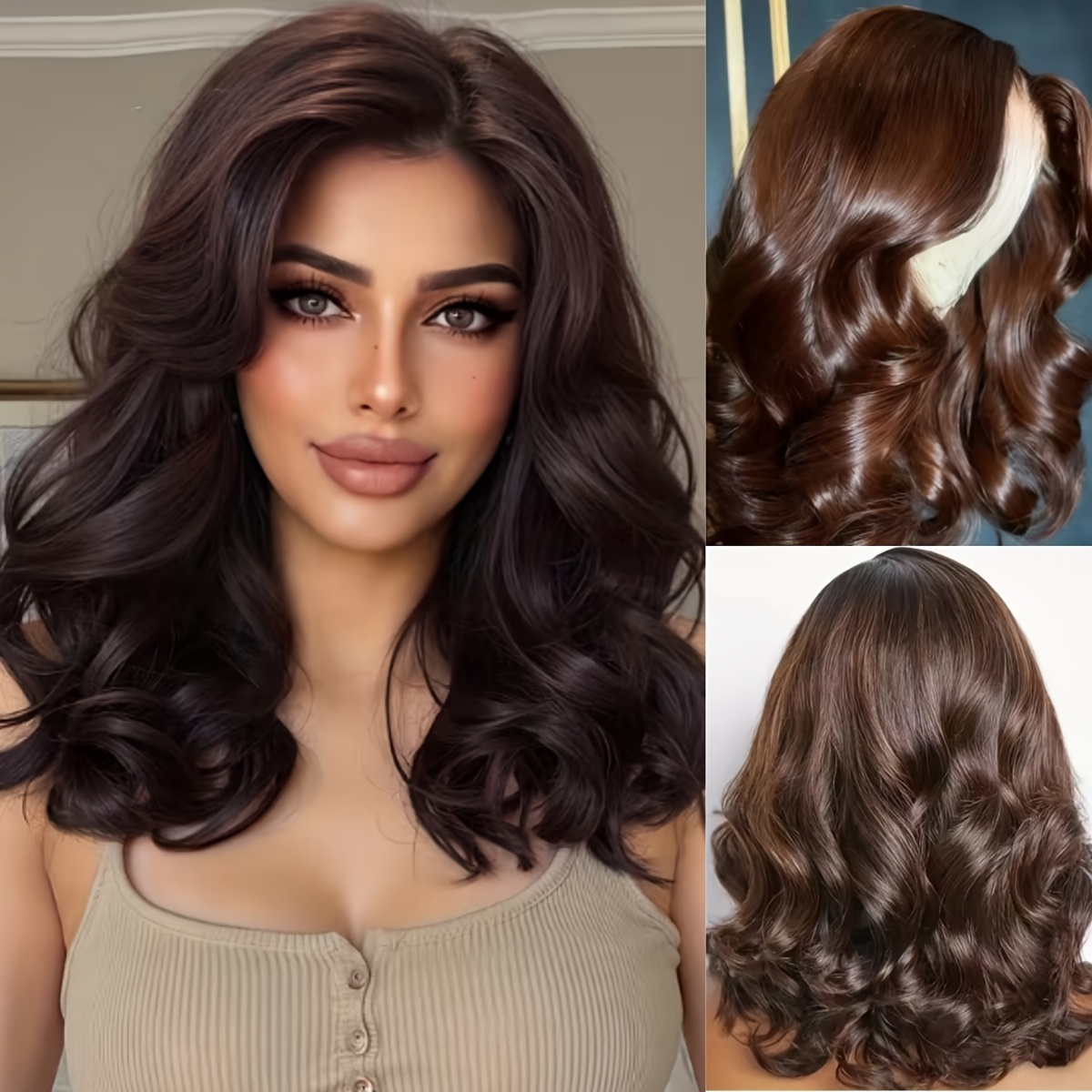 An Elegant 18-Inch Deep Brown Mid-Length Wavy Wig Made from Heat-Resistant Fibers, Featuring a Center Part Design for a Look. This Women'S Wig Is Suitable for All Ethnicities And Perfect for Everyday Wear, Parties, Formal Events, And Music Festivals