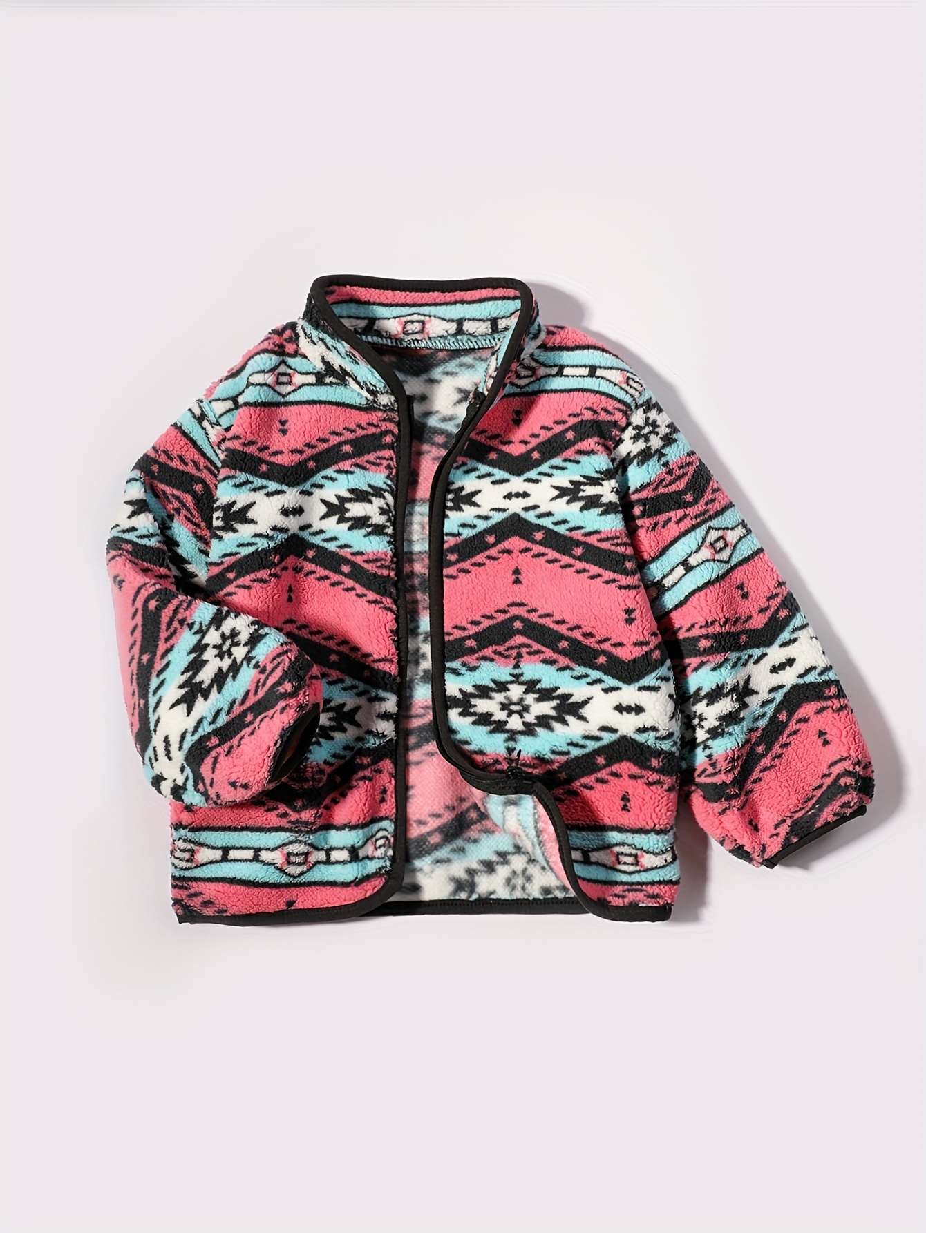 casaco de fleece com   geométrico de inverno,    ,     e   de zíper - casaco casual em tecido de poliéster com leve elasticidade para uso casual ao  , caminhadas, adequado para idades   de 3   -   regular com   de zíper