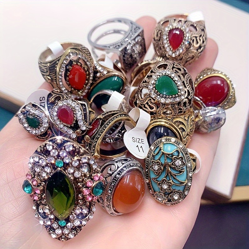 10 pack vintage exaggerated synthetic turquoise alloy rings luxury ethnic style assorted pairs heart shaped synthetic stone alloy no power required for party wedding valentines day   accessory jewelry   assorted op bag packaging details 10