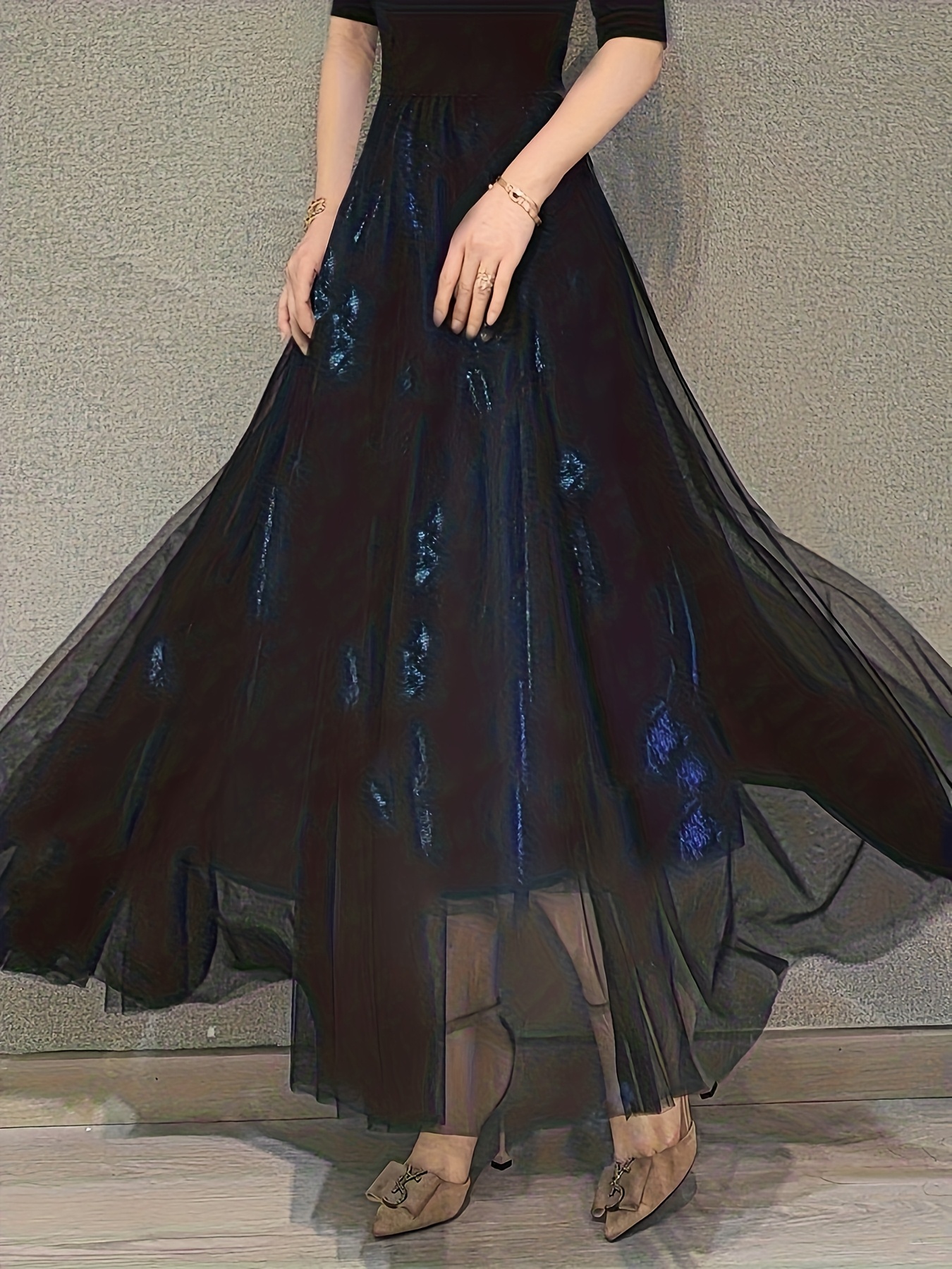Spring And Autumn Dark Blue Sequined Mesh Skirt, High-Waisted, Large Swing,  Double-Layered Gauze Skirt, Fairy-Like Flowing * *-Length Skirt, Commuting,  Dating, Banquet, Versatile Fairy Skirt