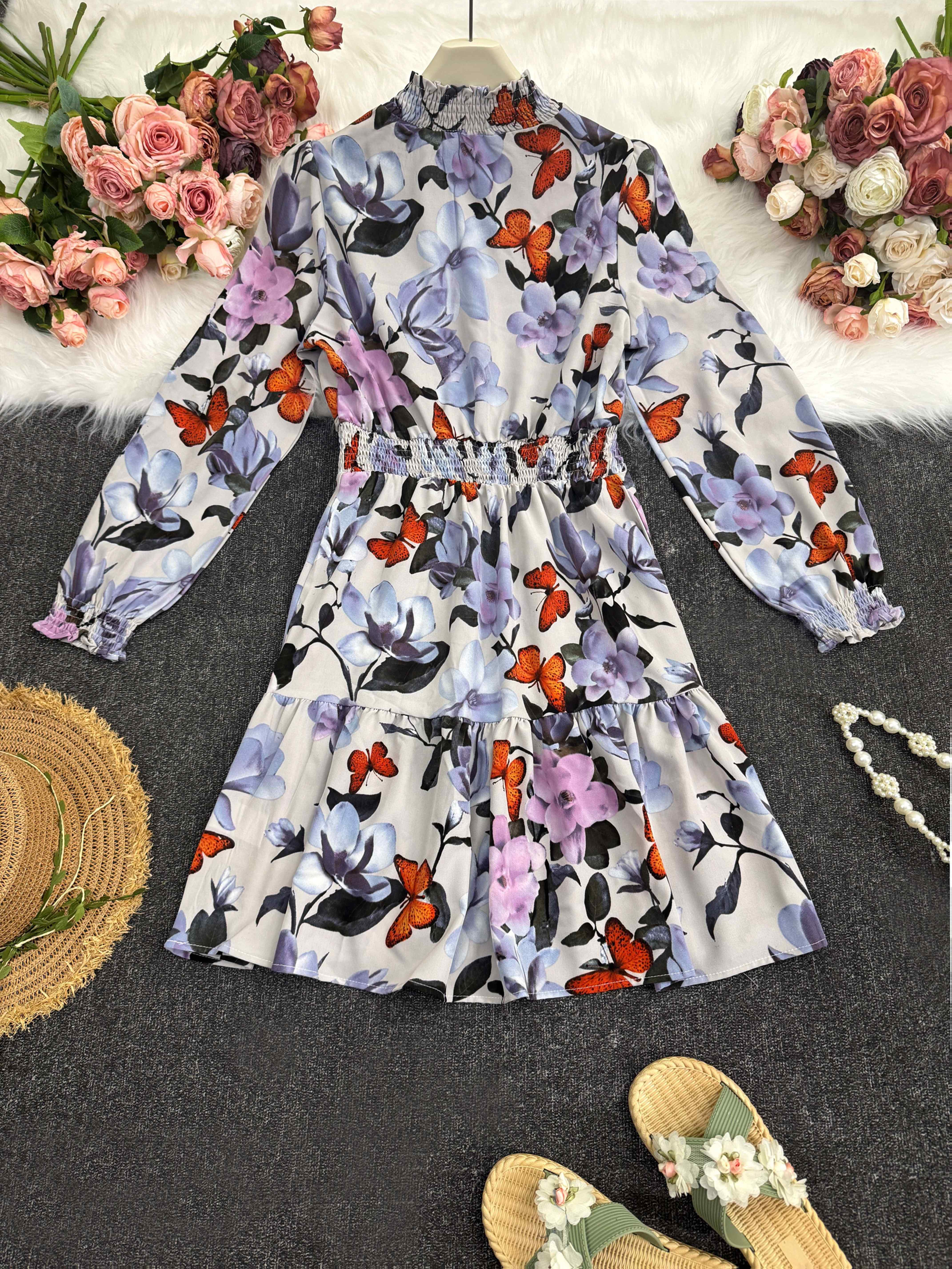 knee length dresses for ladies Long-Sleeve Bubble Hem Mini Dress in Mauve - 2