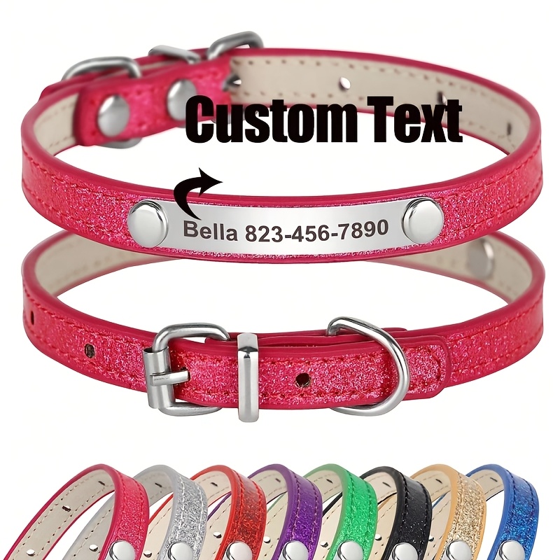 TEMU Personalized Collar With Custom Engraved Id Tag, Bling Faux Leather Pet Collar With Nameplate For Small Dogs Kittens