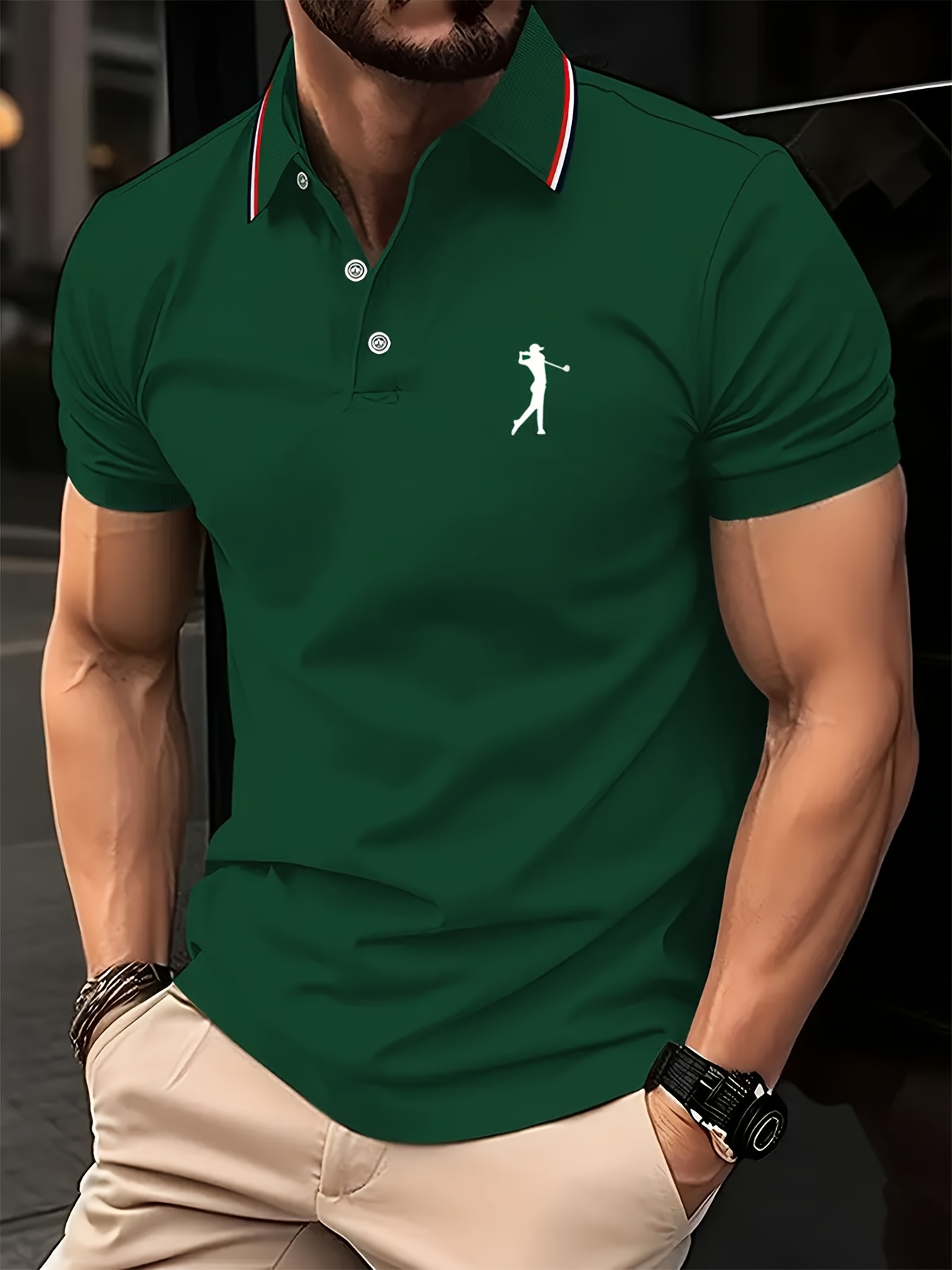 Men's Short Sleeve Shirt - White with Red Golf Print, Striped Collar & Cuffs, Breathable Summer Golf & Casual Wear, Machine Washable Regular Fit, Durable Fabric