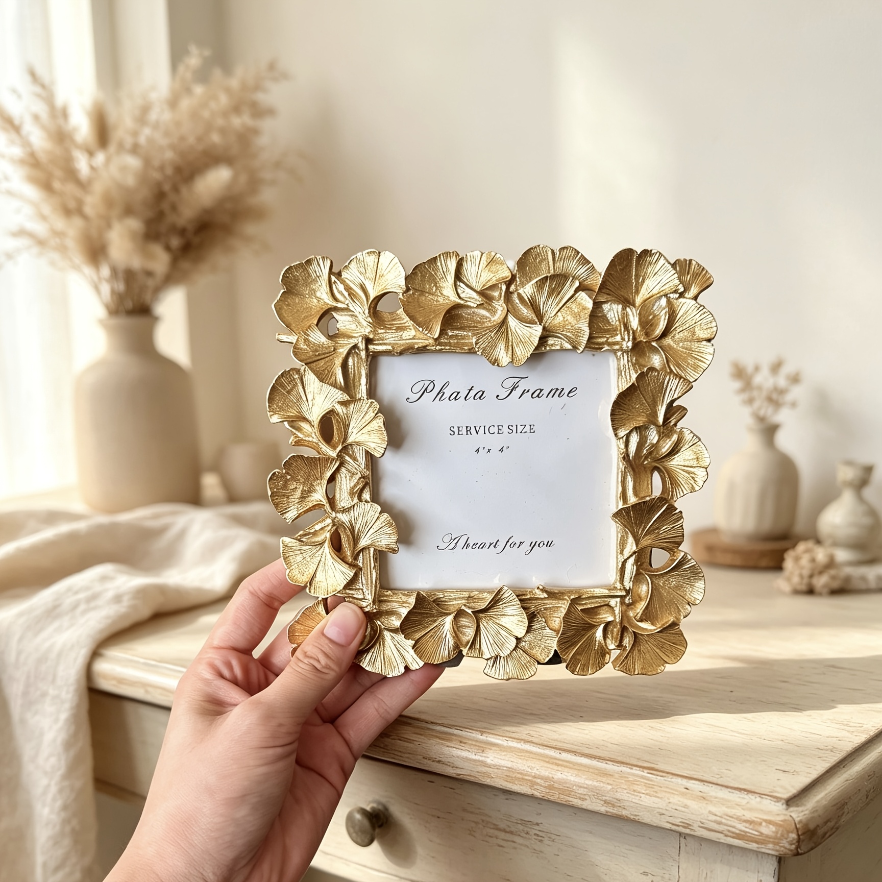 TEMU 1pc Vintage Style Golden Ginkgo Leaf Photo Frame, Resin Embossed Picture Frame, Exquisite Desktop Display Stand, Suitable For Wedding Photos And