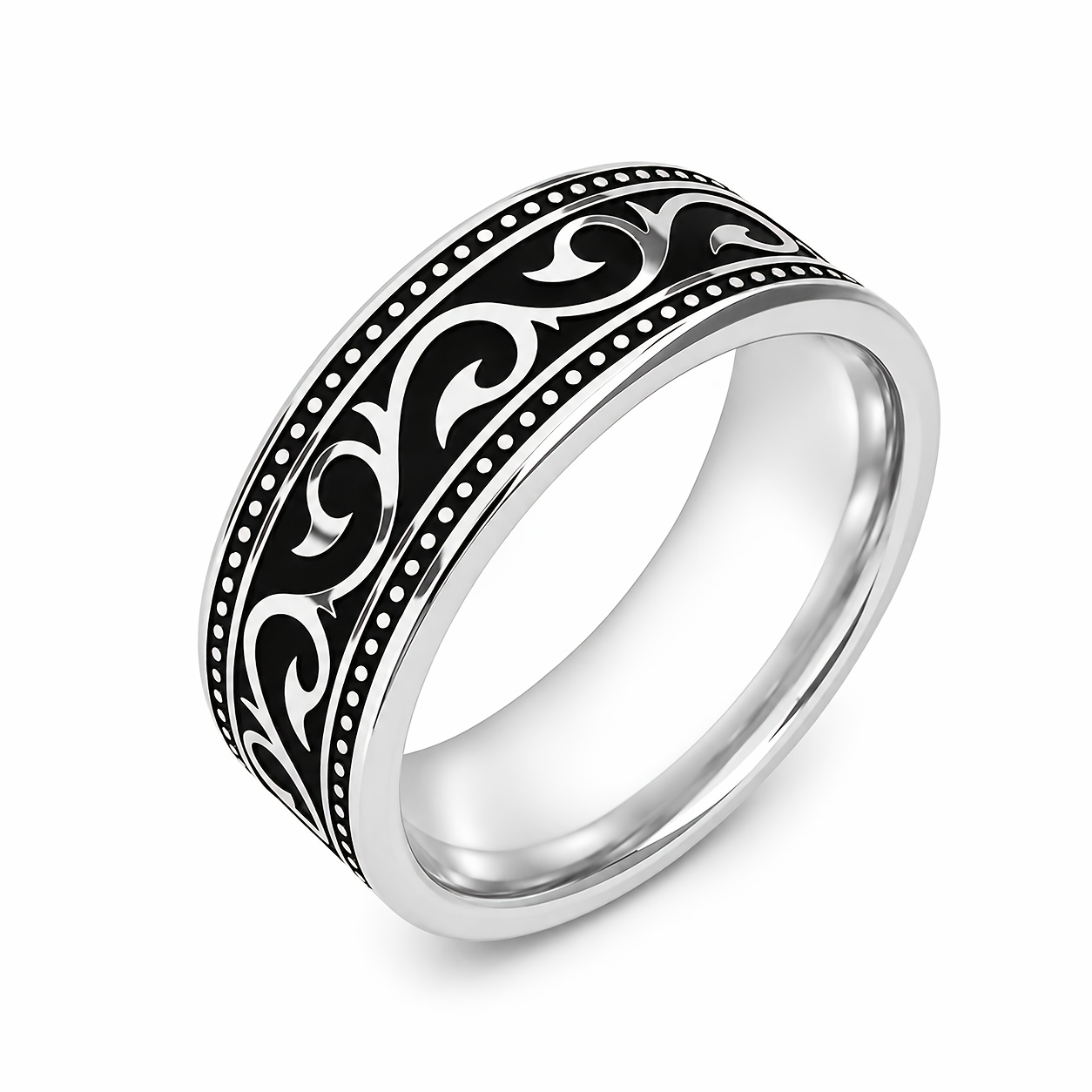 TEMU 1pc Men's Vintage Scroll Stainless Steel Ring, Black Silvery Wide Band Ring, Classic Pattern , Fashion Jewelry Gift For Men