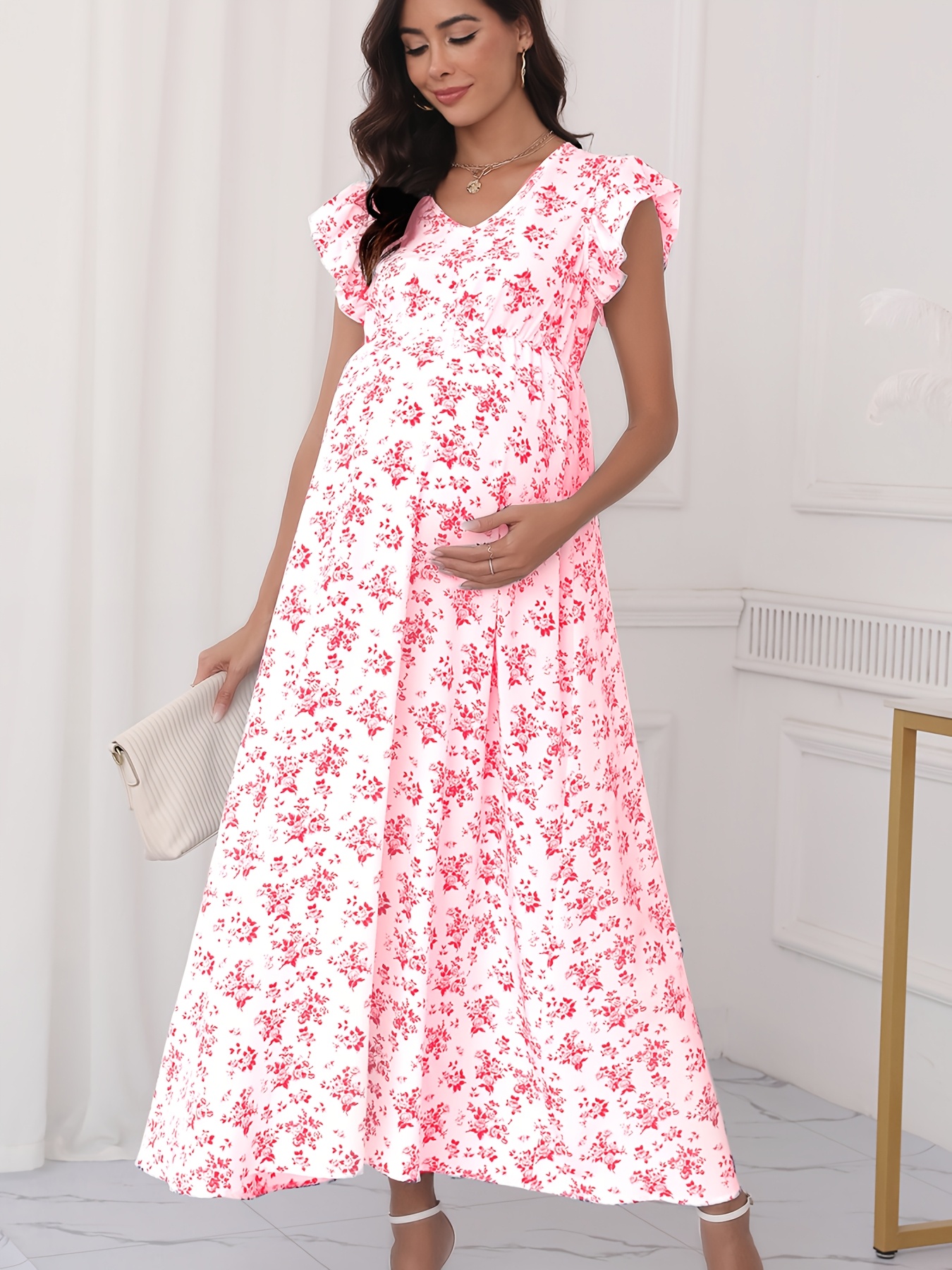 v neck cap sleeve high waist flared maxi maternity dress - Temu