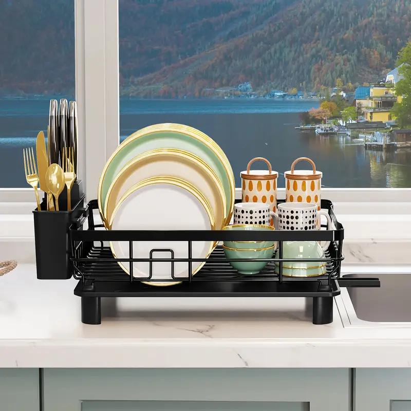 1 2 tier dish drying rack multifunctional dish rack kitchen counter stainless steel dish drainer with utensil holder cup holder dishes knives spoons forks black Product details 6