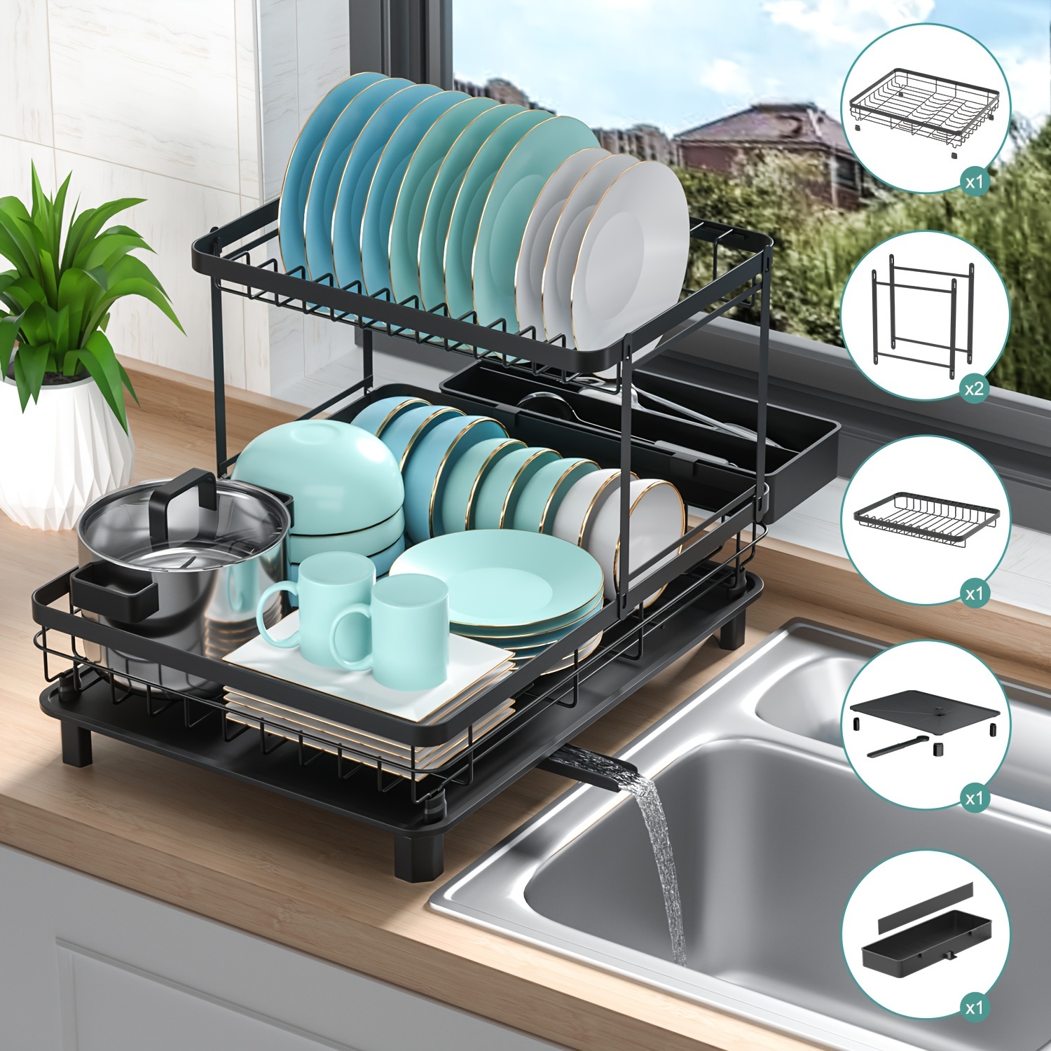 TEMU Dish Drainer Rack, Dish Rack With Drainage Plate, Dish Drying Rack With Tableware Rack, Sink Drainer Rack